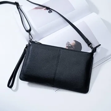 Bveyzi Black Leather Wristlet Clutch for Women