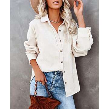 Genhoo Shirt Jacket Womens Corduroy Oversized Button Down Shirt Casual Long Sleeve Boyfriend Shacket Jackets with Pockets Beige
