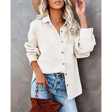 Genhoo Shirt Jacket Womens Corduroy Oversized Button Down Shirt Casual Long Sleeve Boyfriend Shacket Jackets with Pockets Beige