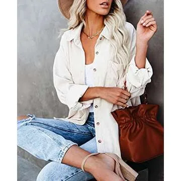 Genhoo Shirt Jacket Womens Corduroy Oversized Button Down Shirt Casual Long Sleeve Boyfriend Shacket Jackets with Pockets Beige