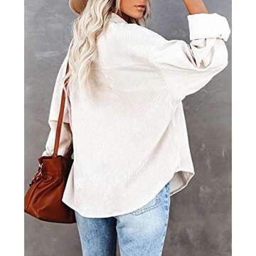 Genhoo Shirt Jacket Womens Corduroy Oversized Button Down Shirt Casual Long Sleeve Boyfriend Shacket Jackets with Pockets Beige