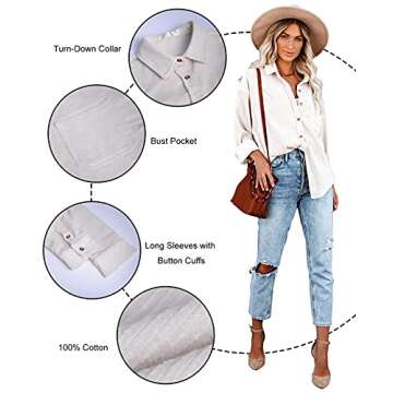 Genhoo Shirt Jacket Womens Corduroy Oversized Button Down Shirt Casual Long Sleeve Boyfriend Shacket Jackets with Pockets Beige
