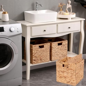 LYJWOO6D Wicker Storage Cubes Wicker Storage Baskets Rectangular Laundry Organizer Totes for Shelves,Foldable Handwoven Water Hyacinth Storage Baskets for Organizing Set of 2 Pcs,11x11x11inch