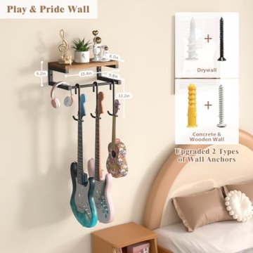 Keebofly Guitar Wall Mount Hangers for 3 Guitars with Shelf