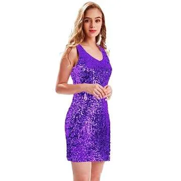MANER Women's Sequin Dress Sparkly Glitter V-Neck Sleeveless Party Dress Club Cocktail Tank Dress (X-Small, Purple)