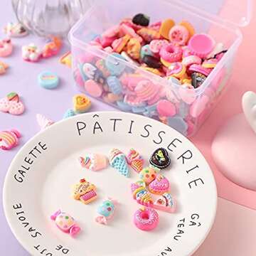 200 Pieces Charms Cute Set Mixed Candy Sweets Resin Flatback Beads with Box for DIY Craft Making and...