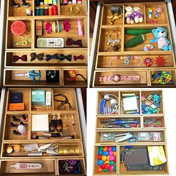 Bamboo Junk Drawer Organizer and 6 Storage Box Dividers Set,8 Compartment Organization Tray Holder f...