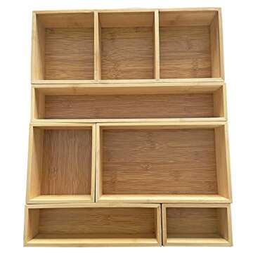 Bamboo Junk Drawer Organizer and 6 Storage Box Dividers Set,8 Compartment Organization Tray Holder for Craft,Sewing,Office,Bathroom.Kitchen …