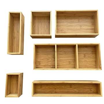 Bamboo Junk Drawer Organizer and 6 Storage Box Dividers Set,8 Compartment Organization Tray Holder for Craft,Sewing,Office,Bathroom.Kitchen …