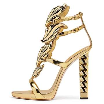 Elegant FSJ High Heel Sandals with Metal Chain in Gold Flame