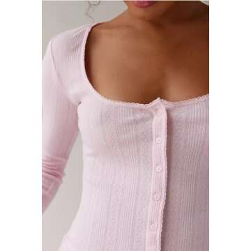 UAURORAO Women Floral 2 Piece Pajamas Set Y2k Long Sleeve V Neck Fitted Crop Top Leggings Set Casual Lounge Outfits Sleepwear(Button Down Pink,S)