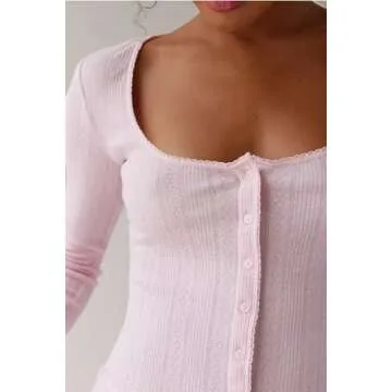 UAURORAO Women Floral 2 Piece Pajamas Set Y2k Long Sleeve V Neck Fitted Crop Top Leggings Set Casual Lounge Outfits Sleepwear(Button Down Pink,S)