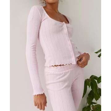 UAURORAO Women Floral 2 Piece Pajamas Set Y2k Long Sleeve V Neck Fitted Crop Top Leggings Set Casual Lounge Outfits Sleepwear(Button Down Pink,S)