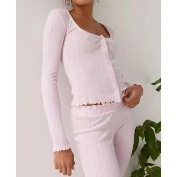 UAURORAO Women Floral 2 Piece Pajamas Set Y2k Long Sleeve V Neck Fitted Crop Top Leggings Set Casual Lounge Outfits Sleepwear(Button Down Pink,S)