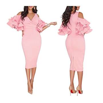 VERWIN Solid Flounced Sleeves Cold Shoulder V Neck Elegant Sexy Party Evening Midi Dress Bodycon Dress Pink M