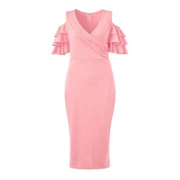 VERWIN Solid Flounced Sleeves Cold Shoulder V Neck Elegant Sexy Party Evening Midi Dress Bodycon Dress Pink M