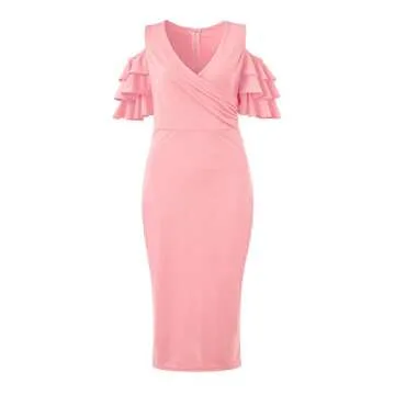 VERWIN Solid Flounced Sleeves Cold Shoulder V Neck Elegant Sexy Party Evening Midi Dress Bodycon Dress Pink M