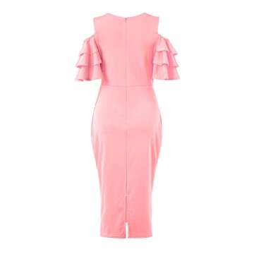 VERWIN Solid Flounced Sleeves Cold Shoulder V Neck Elegant Sexy Party Evening Midi Dress Bodycon Dress Pink M