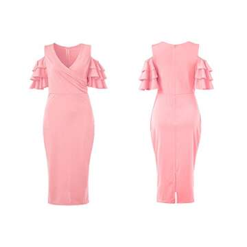VERWIN Solid Flounced Sleeves Cold Shoulder V Neck Elegant Sexy Party Evening Midi Dress Bodycon Dress Pink M