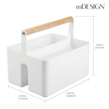 mDesign Plastic Portable Shower Caddy Divided Basket Bin Storage Organizer with Bamboo Handle for Bathroom, Dorm, Shelf & Cabinet Holds Shampoo, Conditioner - Aura Collection, White/Natural