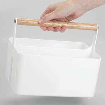 mDesign Plastic Portable Shower Caddy Divided Basket Bin Storage Organizer with Bamboo Handle for Bathroom, Dorm, Shelf & Cabinet Holds Shampoo, Conditioner - Aura Collection, White/Natural