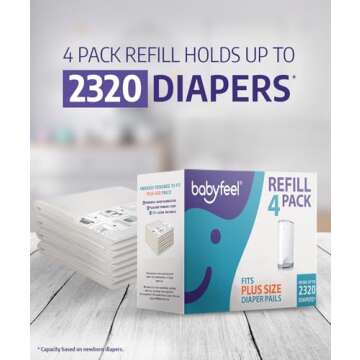 Babyfeel Refills Compatible with DEKOR PLUS Diaper Pails | 4 Pack | Exclusive 30% Extra Thickness | Diaper Pail Refills with Powerful Odor Elimination | Fresh Powder Scent | Holds up to 2320 Diapers