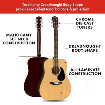 Squier by Fender Acoustic Guitar, with 2-Year Warranty, Dreadnought with Maple Fingerboard, Glossed ...