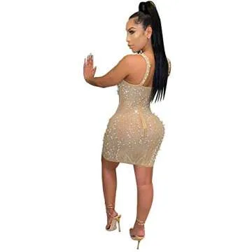 Womens Sexy Sleeveless V Neck Mesh Pearls Rhinestone Bodycon Party Clubwear Dress Apricot