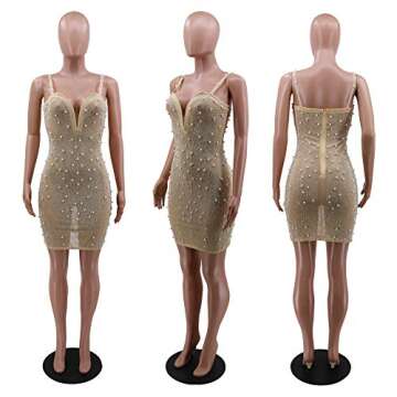 Womens Sexy Sleeveless V Neck Mesh Pearls Rhinestone Bodycon Party Clubwear Dress Apricot