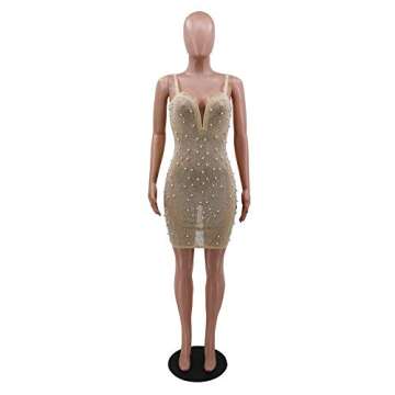 Womens Sexy Sleeveless V Neck Mesh Pearls Rhinestone Bodycon Party Clubwear Dress Apricot
