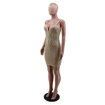 Womens Sexy Sleeveless V Neck Mesh Pearls Rhinestone Bodycon Party Clubwear Dress Apricot
