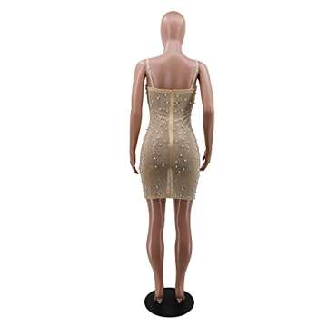 Womens Sexy Sleeveless V Neck Mesh Pearls Rhinestone Bodycon Party Clubwear Dress Apricot