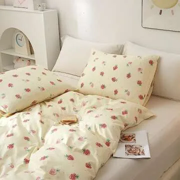 AOJIM Pure Cotton Kids Duvet Cover with Small Strawberries, Soft Bedding Comforter Cover Set 3pcs, 1 Cute Reversible Girls Quilt Cover Twin Size and 2 Pillowcases for Room Deocr, Machine Washable