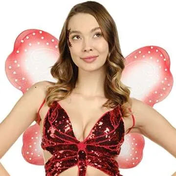 Funcredible Red Butterfly Wings with Chunky Glitter - Butterfly Costume for Adults and Kids - Fairy Wings Costume Accessories Set - Fairy Costume for Woman