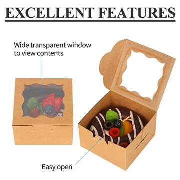 KPOSIYA 60 Pcs Brown Bakery Boxes with Window Individual Cupcake Boxes 4x4x2.5 Inches Cookie Boxes Kraft Paper Brown Gift Box for Pastries, Cookies, Pie, Donuts, Macaroon (60, Brown)