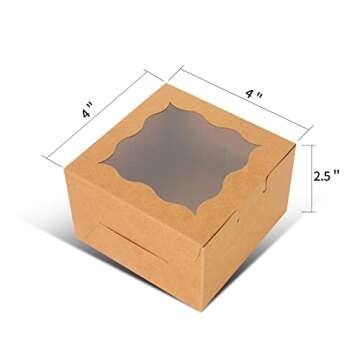 KPOSIYA 60 Pcs Brown Bakery Boxes with Window Individual Cupcake Boxes 4x4x2.5 Inches Cookie Boxes Kraft Paper Brown Gift Box for Pastries, Cookies, Pie, Donuts, Macaroon (60, Brown)