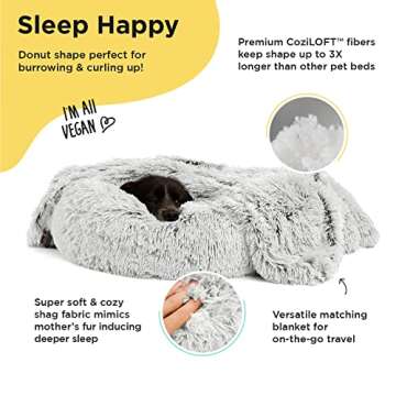 Best Friends by Sheri Bundle Set The Original Calming Shag Donut Cuddler Cat and Dog Bed + Pet Throw Blanket Frost Extra Medium 30" x 30"