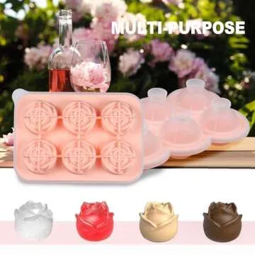 2 Pack Silicone Ice Cube Trays, Pink Rose Ice Cube Mold, Large Sphere Ice Mold with Funnel-type Lid, Makes 6 Rose & 6 Round Ice Balls for Chilling Whiskey Cocktails Drinks
