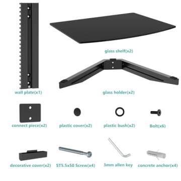 WALI Floating Entertainment Center Shelves, Holds Up to 17.6lbs, TV Shelf with Strengthened Tempered Glasses for DVD Players, Cable Boxes, Games Consoles, TV Accessories (CS202B), 2 Shelf, Black