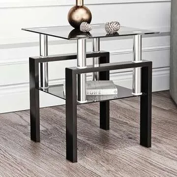 ODUSE-DAILY Black Glass End Tables Living Room Set of 2, Small Glass Table, Black Side Table, Temper...