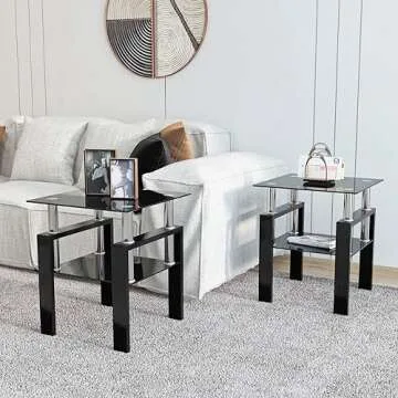 ODUSE-DAILY Black Glass End Tables Living Room Set of 2, Small Glass Table, Black Side Table, Tempered Glass Night Stand Set 2, for Living Room Bedroom (All Black, 2Pcs)