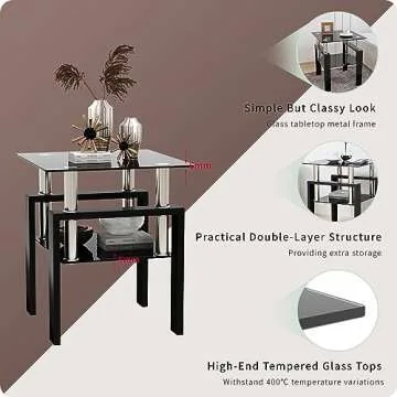 ODUSE-DAILY Black Glass End Tables Living Room Set of 2, Small Glass Table, Black Side Table, Tempered Glass Night Stand Set 2, for Living Room Bedroom (All Black, 2Pcs)