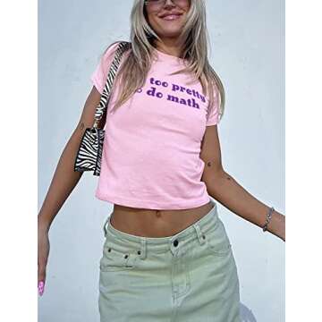 Meladyan Women Cute Letter Print Short Sleeve Crop Tee Shirt Top Crewneck Slim Fit T-Shrits 90s Egirls Streetwear Pink