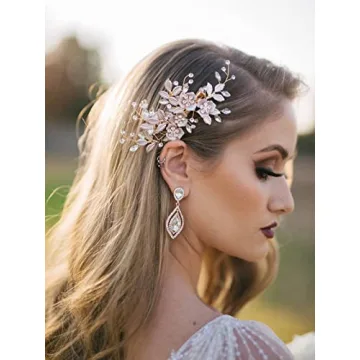 SWEETV Light Rose Gold Bridal Hair Clip with Rhinestones