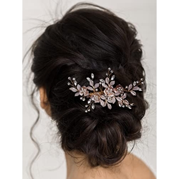 SWEETV Light Rose Gold Bridal Hair Clip with Rhinestones