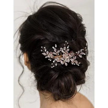 SWEETV Light Rose Gold Bridal Hair Clip with Rhinestones