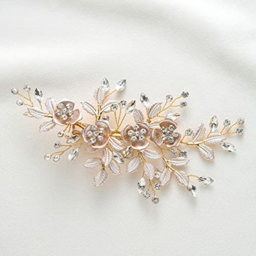 SWEETV Light Rose Gold Bridal Hair Clip with Rhinestones