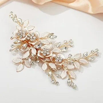 SWEETV Light Rose Gold Bridal Hair Clip with Rhinestones