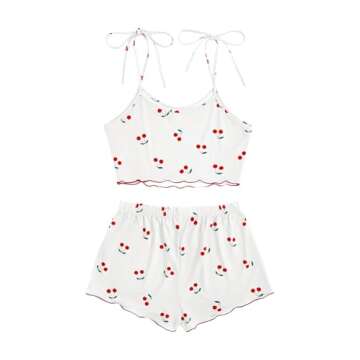 SweatyRocks Women's Summer Strawberry Print Cami Top and Shorts Sleepwear Pajamas Set White Cherry S...