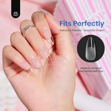 Beetles 12 Sizes Gel Nail Tips Etch Nail Tips 504Pcs Pre Filed Half Matte Medium Almond Full Cover Nail Tips False Fake Clear Acrylic Press on Nails for DIY Nail Extension and Salon Use